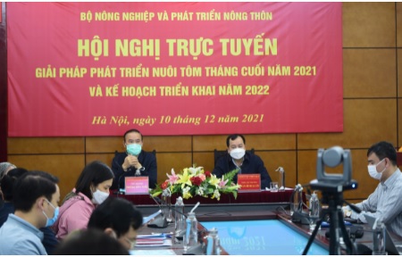 Hội nghị trực tuyến “Giải pháp phát triển nuôi tôm tháng cuối năm 2021 và kế hoạch triển khai năm 2022”. Ảnh: VGP/Đỗ Hương